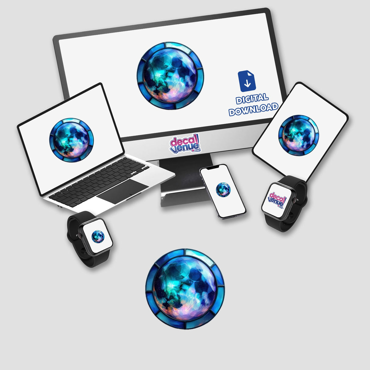 Moon Stained Glass Style digital artwork featuring a computer monitor and laptop displaying a blue globe. Available as stickers or digital art, highlighting unique design elements from Decal Venue.