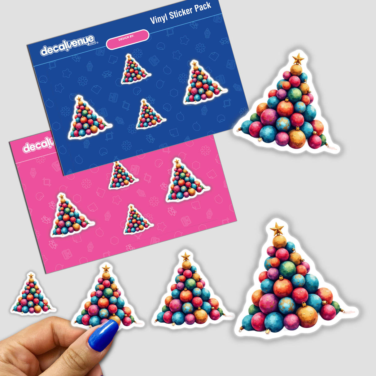 Ornament Christmas Tree sticker pack featuring colorful balls arranged as trees, available as stickers or digital artwork, capturing Decal Venue's unique style in festive designs.