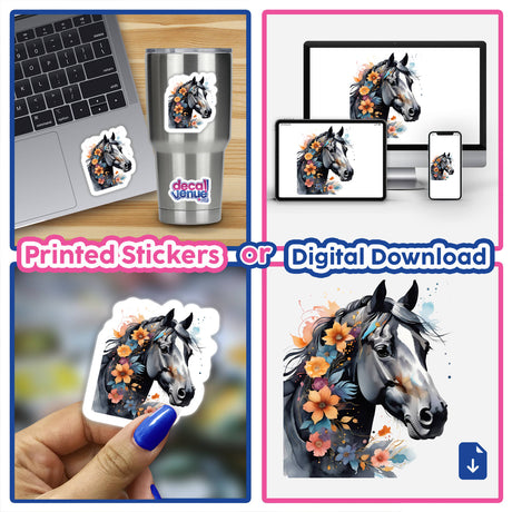 Beautiful Horse Portrait Floral Accents PA12 collage showing detailed horse illustrations with floral mane, available as stickers or digital artwork.