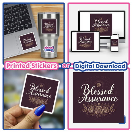 Blessed Assurance Hymn Typography Design Sticker or Clipart with Commercial Rights, shown as a laptop sticker. Image includes a laptop collage, hand holding a card, and digital artwork elements.