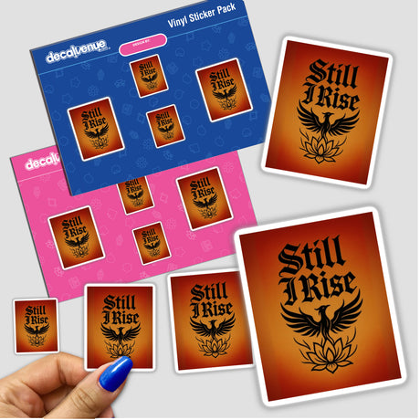 Still I Rise Sticker or Clipart featuring a Phoenix Resilience Design, showcasing intricate text and imagery, available with commercial rights, highlighting the unique artistry of Decal Venue's vinyl sticker collection.