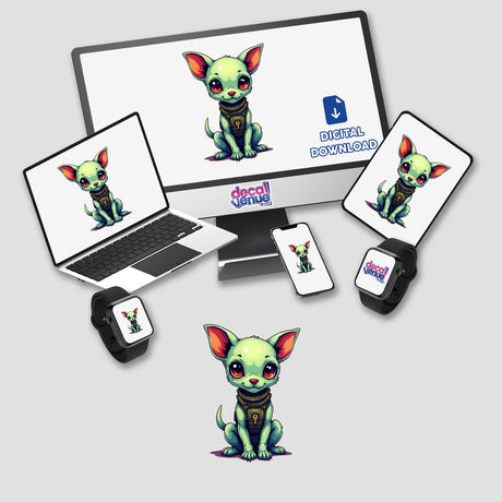 A Cute Dog From Space displayed on a computer monitor and laptop, featuring cartoon dogs. Available as stickers or digital artwork, reflecting Decal Venue's unique collection.