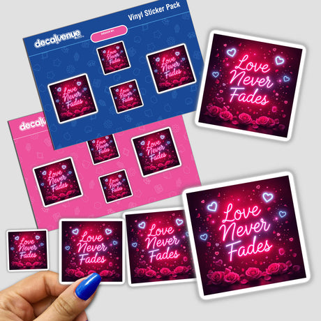 Love Never Fades Elegant Neon Design sticker pack held in hand, featuring intricate pink and purple designs with hearts and roses, available as stickers or digital artwork.