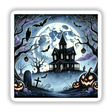 Halloween Night - Haunted House and Moonlit Sky: A painting featuring a house with pumpkins and bats, under a full moon. Available as stickers or digital artwork from Decal Venue.