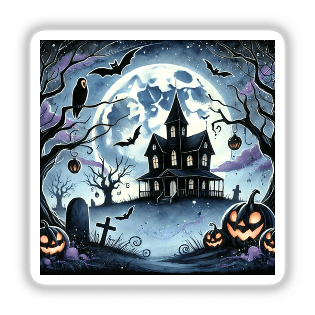 Halloween Night - Haunted House and Moonlit Sky: A painting featuring a house with pumpkins and bats, under a full moon. Available as stickers or digital artwork from Decal Venue.