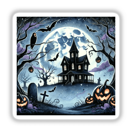 Halloween Night - Haunted House and Moonlit Sky: A painting featuring a house with pumpkins and bats, under a full moon. Available as stickers or digital artwork from Decal Venue.