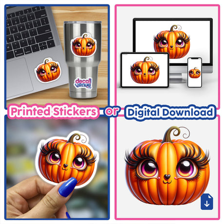 Collage featuring the Pumpkin with Eyelashes design from Decal Venue, showcasing stickers and digital downloads of a cute, whimsical pumpkin illustration with expressive eyes and lashes.