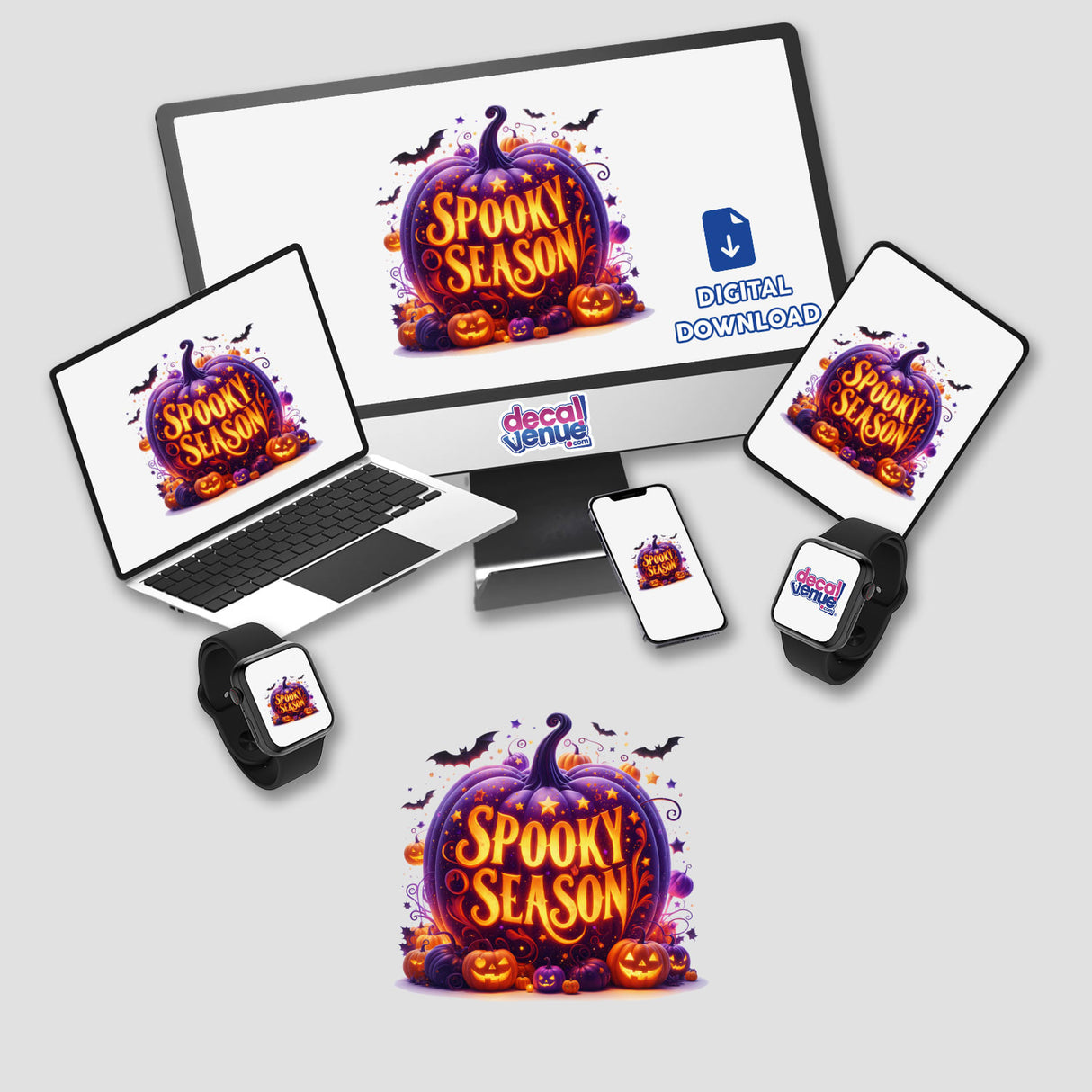 Spooky Season Glowing Pumpkin digital artwork featuring a purple pumpkin with orange lights and bats, shown on various devices including a laptop and a smartwatch.