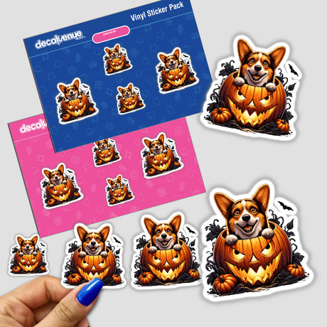 Corgi dog peeking out of pumpkin-shaped Halloween stickers featuring a Decal Venue brand logo, in a vibrant vinyl sticker pack.