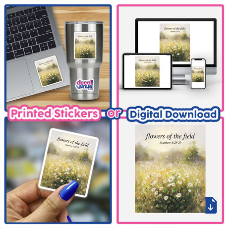 Collage featuring 'Flowers of the Field' sticker or clipart with commercial rights, showing a laptop adorned with the sticker, emphasizing unique vinyl sticker or digital artwork availability.