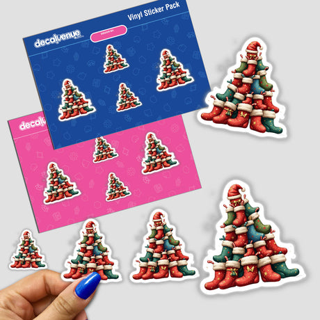Christmas Stocking Stacked Pile stickers, featuring a hand holding a sticker, perfect for festive decoration. Available as stickers or digital artwork from Decal Venue's unique collection.