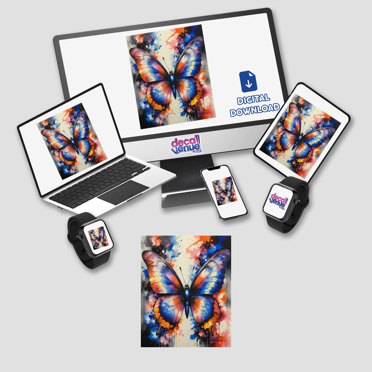 A Pretty Colorful Butterfly displayed across a computer monitor, laptop, and other devices, showcasing its vibrant design available as stickers or digital artwork from Decal Venue.