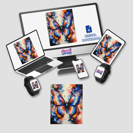 A Pretty Colorful Butterfly displayed across a computer monitor, laptop, and other devices, showcasing its vibrant design available as stickers or digital artwork from Decal Venue.