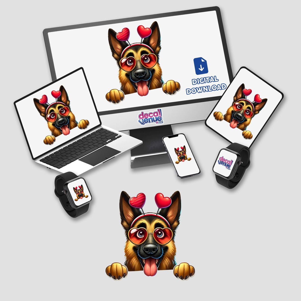 Peeking German Shepherd Cupid Dog digital artwork displayed on multiple screens, featuring cartoon dogs with heart-shaped accessories, available as stickers or digital art from Decal Venue.