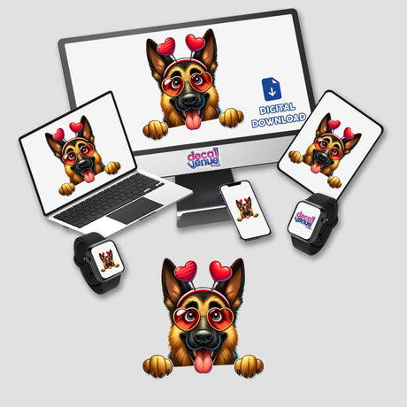 Peeking German Shepherd Cupid Dog digital artwork displayed on multiple screens, featuring cartoon dogs with heart-shaped accessories, available as stickers or digital art from Decal Venue.