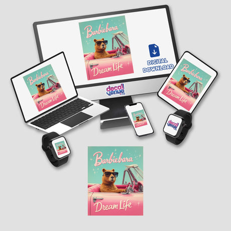 Barbiebara Dream Life Sticker or Clipart features a cute capybara parody design with a bear in a pink car, available as stickers or digital artwork from Decal Venue.
