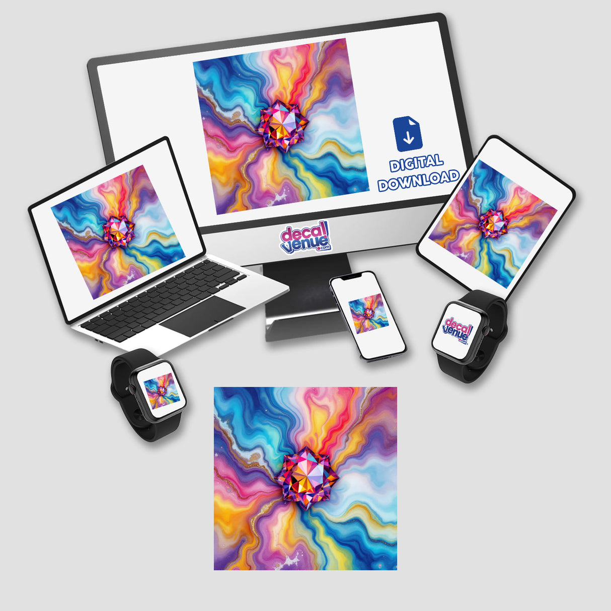 Gemstone Alcohol Ink Design displayed on a computer monitor, laptop, and tablet, highlighting vibrant digital artwork available as stickers or digital art from Decal Venue.