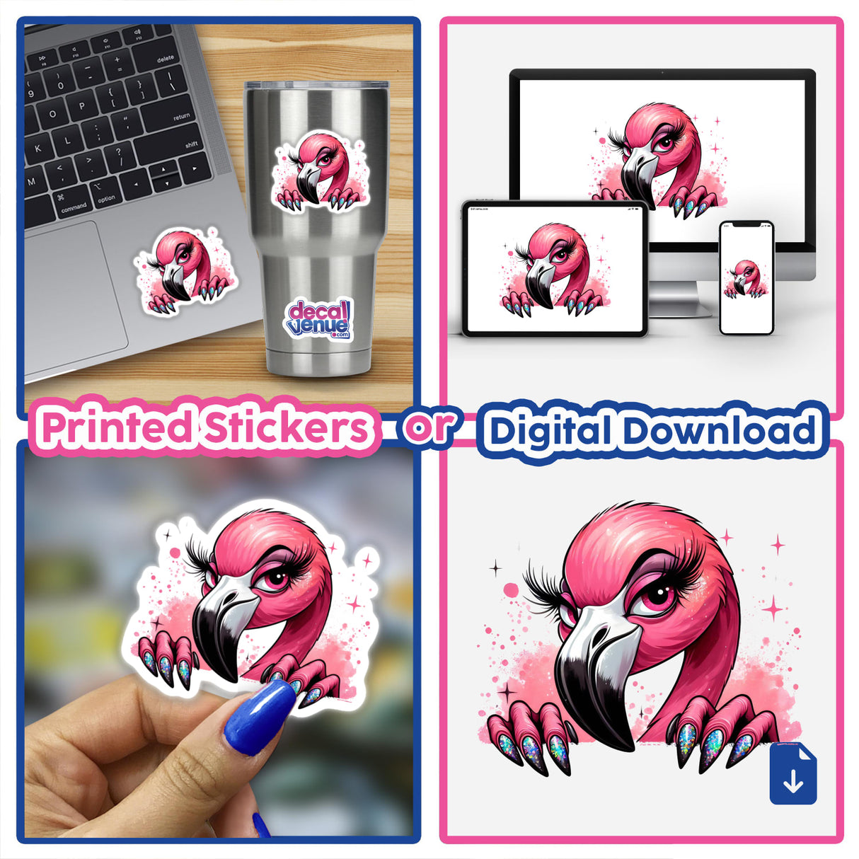 Vibrant sassy flamingo digital artwork with sparkly pink nails, available as printed stickers or digital download at Decal Venue, an online store featuring unique stickers and digital art.
