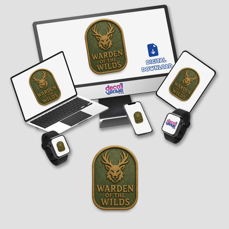Warden of the Wilds – RPG-Style Skill Badge features a detailed gold and green forest emblem, available as a vinyl sticker or digital artwork, representing nature and adventure.