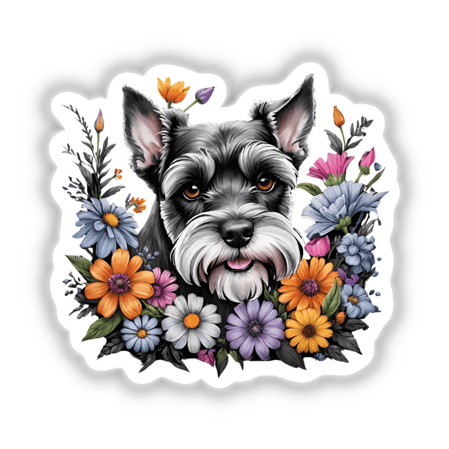 Adorable Schnauzer dog surrounded by vibrant floral arrangement featuring colorful daisies, chrysanthemums, and other blooming flowers.