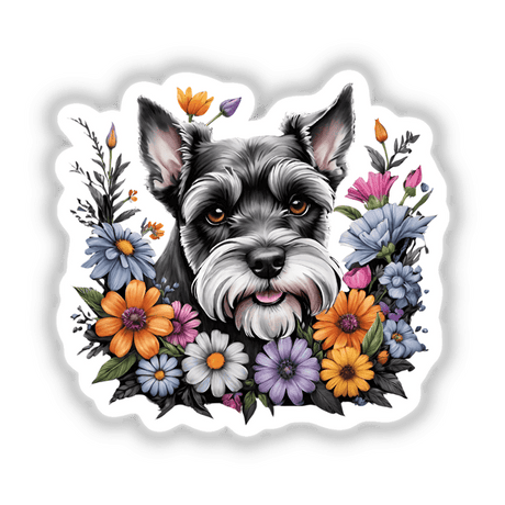 Adorable Schnauzer dog surrounded by vibrant floral arrangement featuring colorful daisies, chrysanthemums, and other blooming flowers.
