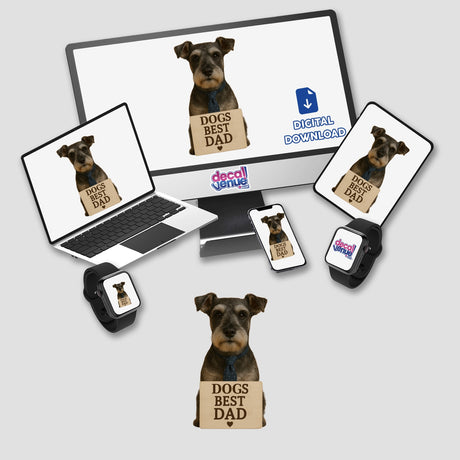 Dog’s Best Dad Schnauzer – Minimalist Father's Day Dog with Sign depicted on a computer monitor and laptop. Available as stickers or digital artwork, perfect for showcasing unique designs from Decal Venue.