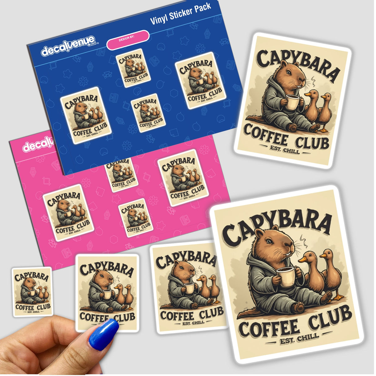 Capybara Coffee Club Sticker or Clipart featuring a cute capybara holding a coffee cup, surrounded by ducks, ideal for commercial use. Perfect for fans of whimsical, unique designs.