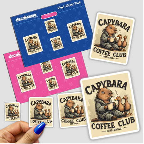 Capybara Coffee Club Sticker or Clipart featuring a cute capybara holding a coffee cup, surrounded by ducks, ideal for commercial use. Perfect for fans of whimsical, unique designs.