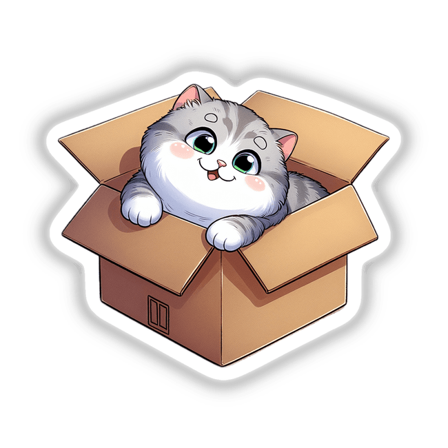 Cartoon illustration titled Cat in a Box, featuring a playful cat nestled inside a box, available as unique stickers or digital artwork from Decal Venue. Perfect for adding charm to any surface.