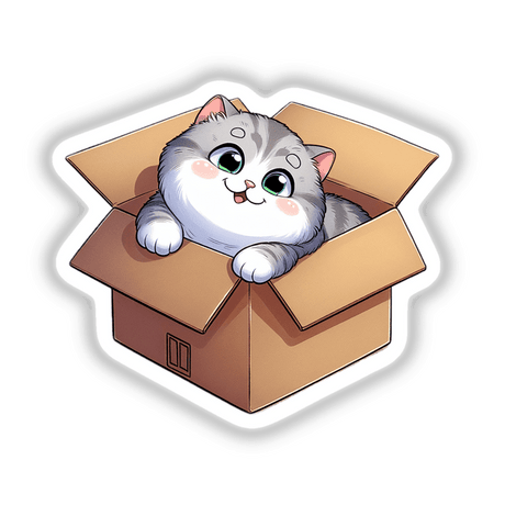 Cartoon illustration titled Cat in a Box, featuring a playful cat nestled inside a box, available as unique stickers or digital artwork from Decal Venue. Perfect for adding charm to any surface.