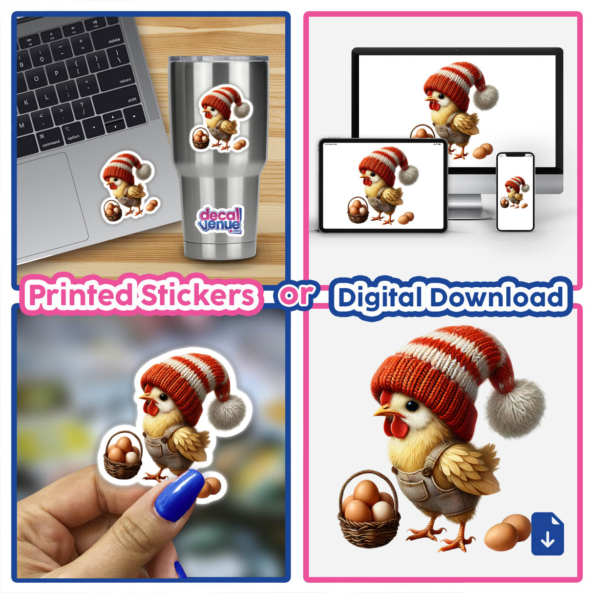 Chicken Gnome Basket of Eggs: Collage featuring cartoon chickens in hats and overalls, holding baskets of eggs, alongside a laptop and stickers showcasing the same whimsical design.