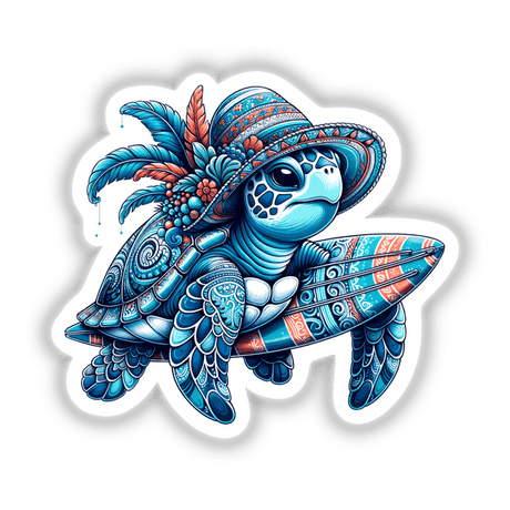 Sea Turtle in Summer Beach Hat with Surfboard