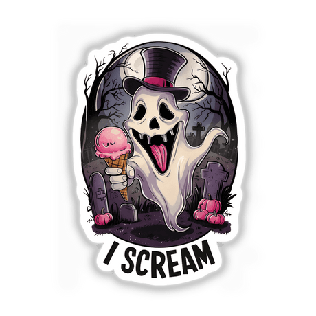 Spooky Halloween ghost with ice cream, adorned in a top hat, against a dark, eerie backdrop with bats and gravestones.
