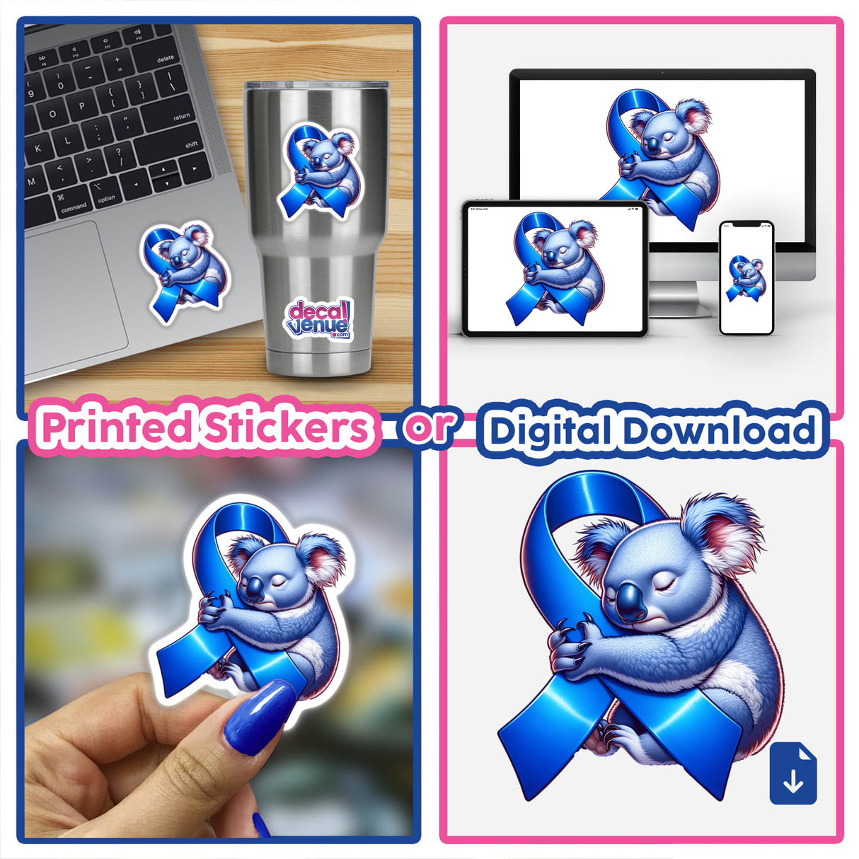 Koala Blue Ribbon Colon Cancer Awareness collage featuring a cartoon koala holding a blue ribbon, with a laptop and ribbon sticker. Available as stickers or digital artwork.