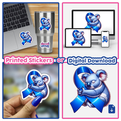 Koala Blue Ribbon Colon Cancer Awareness collage featuring a cartoon koala holding a blue ribbon, with a laptop and ribbon sticker. Available as stickers or digital artwork.