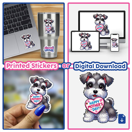 Mother’s Day Schnauzer sticker collage featuring a cute pup holding a heart with a love message, available as both stickers and digital artwork from Decal Venue.
