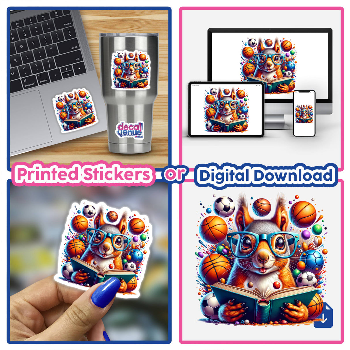 Squirrel Reading a Book with Glasses and Sports Balls; whimsical design on stickers and digital art, showcasing a squirrel engrossed in reading, perfect for decor or gifts.