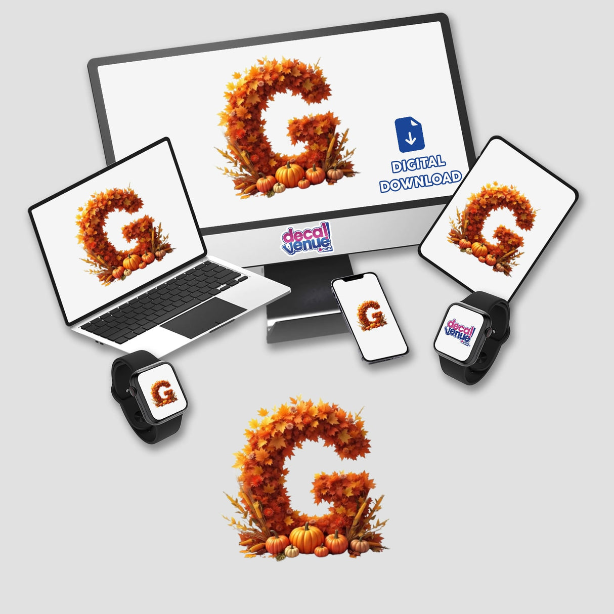 Thanksgiving Letter G Clipart featuring fall leaves and pumpkins displayed on a computer monitor and laptop. Available as stickers or digital artwork for commercial use.