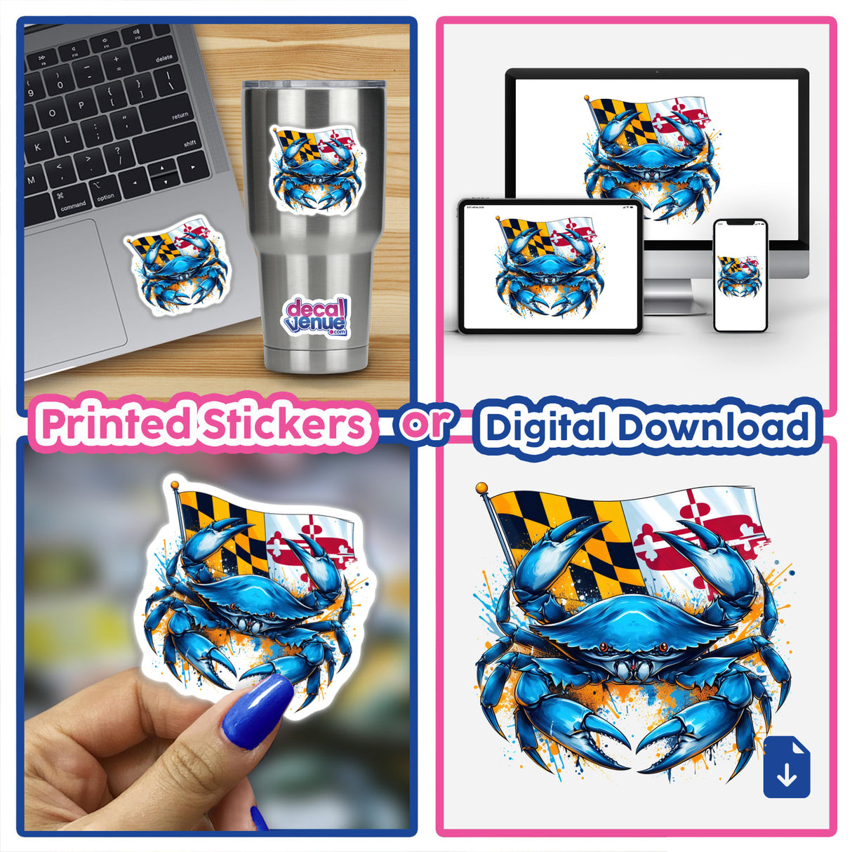 Colorful digital artwork of a Maryland blue crab displayed on various product mockups including a laptop, smartphone, and printed stickers.