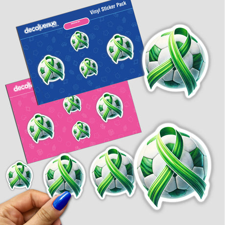 Soccer Ball Green Ribbon sticker featuring a green ribbon wrapped around a soccer ball, available as stickers or digital artwork from Decal Venue.