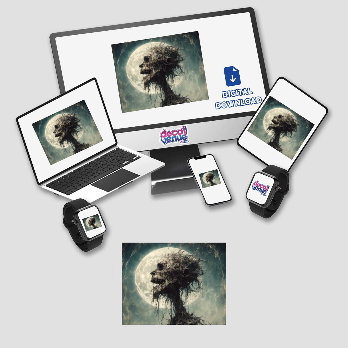 Scream-themed digital artwork or stickers featuring a skull and full moon, displayed on a computer monitor and a laptop screen.