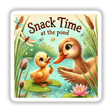 Snack Time at the Pond with Ducklings features a whimsical cartoon with a duck and duckling in a pond, ideal for stickers or digital art from Decal Venue.