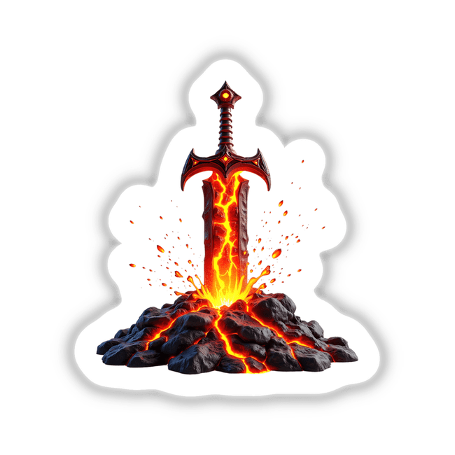 Molten Lava Sword digital artwork featuring a sword with glowing cracks and erupting volcano, perfect for fantasy enthusiasts. Available as stickers or digital download from DecalVenue.