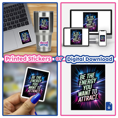 Collage featuring a laptop and phone displaying Be the energy you want to attract stickers or digital artwork, highlighting unique designs from Decal Venue.