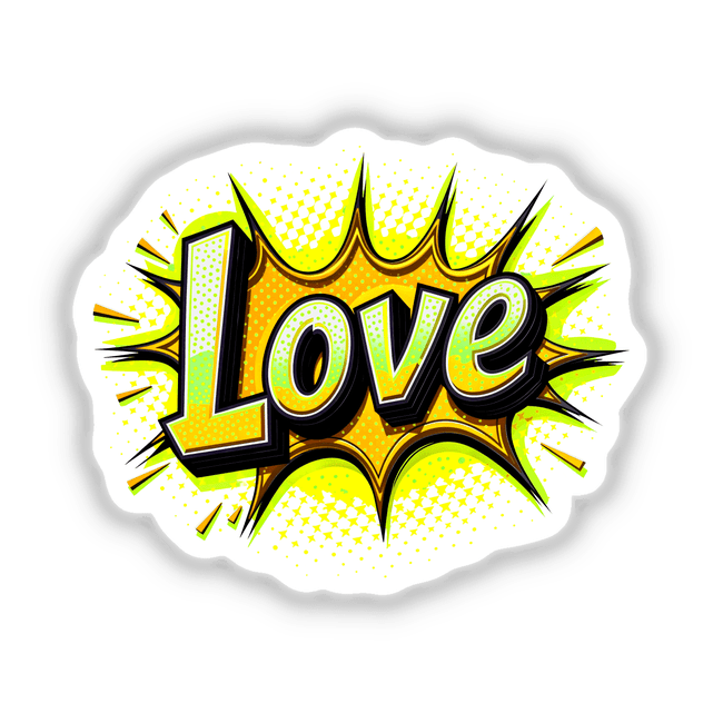 Love Valentine's Day graphic featuring a comic book-style explosion, letters, and stars, available as stickers or digital artwork from Decal Venue.