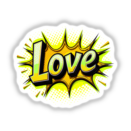 Love Valentine's Day graphic featuring a comic book-style explosion, letters, and stars, available as stickers or digital artwork from Decal Venue.