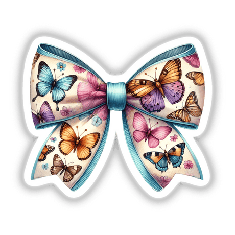 Colorful butterfly-patterned bow with vibrant, whimsical butterflies in various shades of pink, orange, and blue against a light background, creating a decorative, feminine design perfect for stickers or digital artwork.