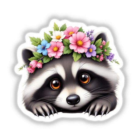 Cute Raccoon with a Colorful Flower Crown: A charming illustration of a raccoon adorned with a vibrant flower crown, ideal for unique vinyl stickers or digital art from Decal Venue.