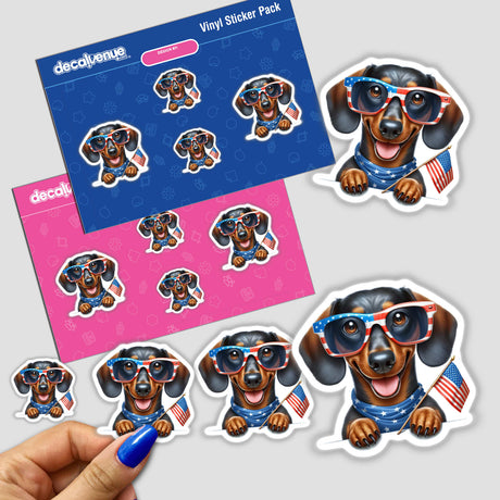 Patriotic Peeking Dachshund Dog sticker or digital artwork, showcasing a dachshund with a playful peeking expression, ideal for fans of unique, themed vinyl stickers and digital art from Decal Venue.