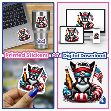Boston Terrier American Flag Float Merica sticker: A cartoon dog wearing sunglasses and a hat, holding a beer and American flag; available as stickers or digital artwork from Decal Venue.